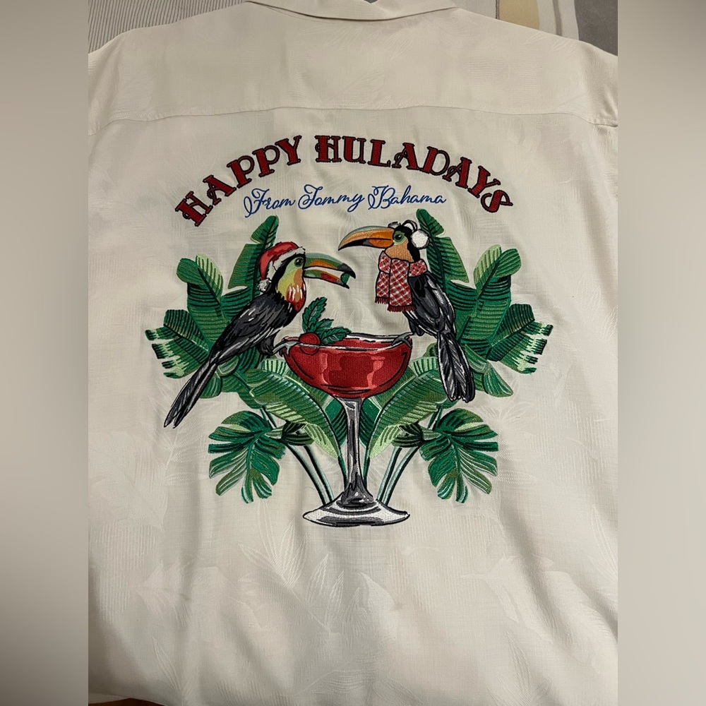 Tommy Bahama Christmas silk camp shirt, Happy Huladays, XXL